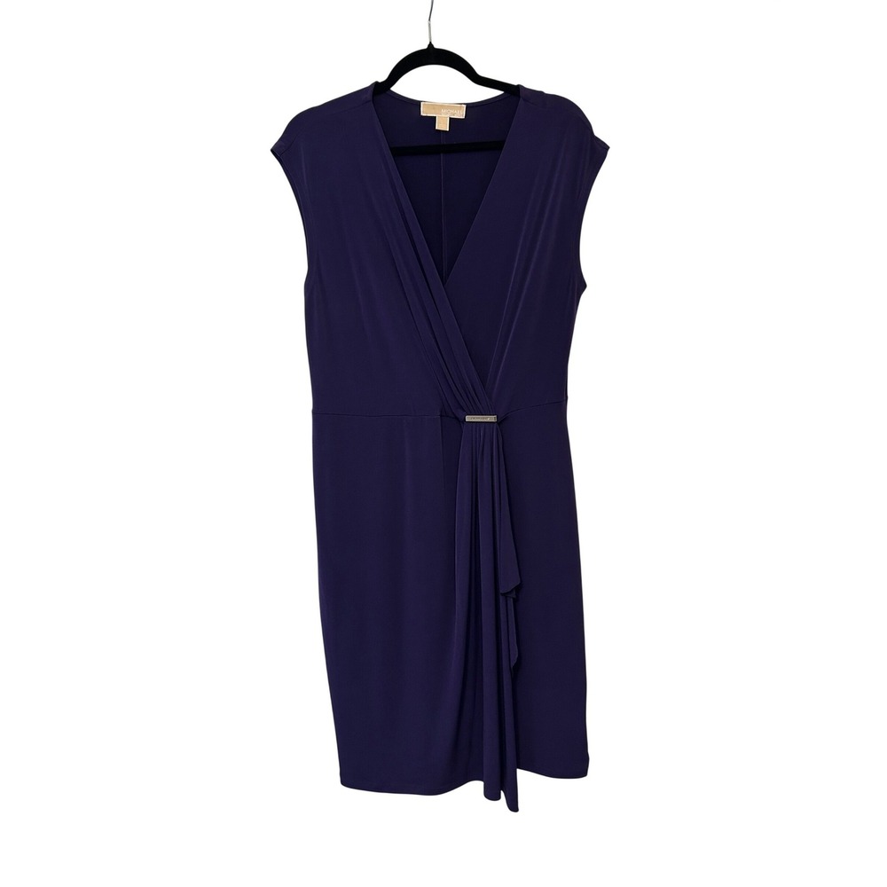 Michael Kors Plum Draped Sheath Midi Dress Silver Bar Detail Minimalist L Prom
